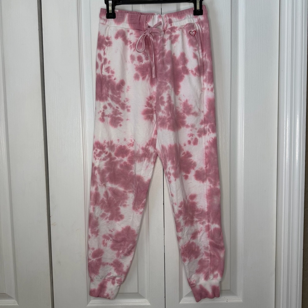Jane and Delancey Pink and White Tie-Dye Jogger pants heart accent S